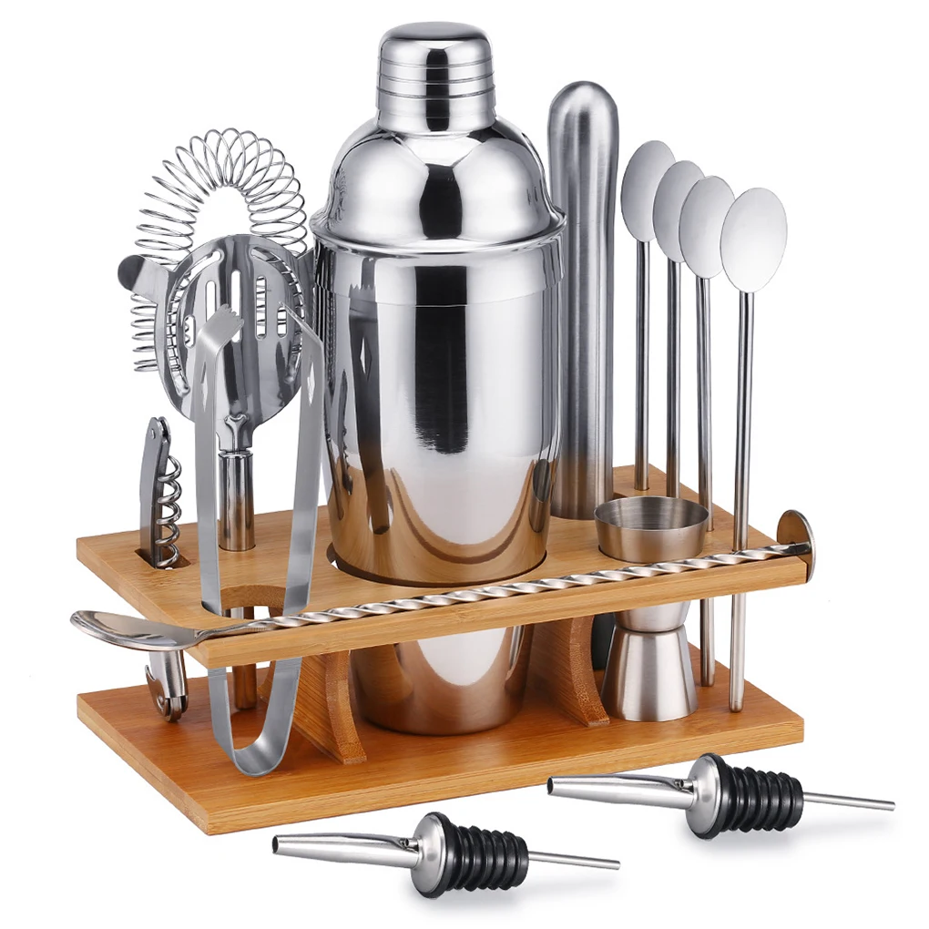 

Набор из 14 предметов, шейкер для напитков из нержавеющей стали 304, Миксер для домашних напитков с бамбуковой стойкой, профессиональное обору...