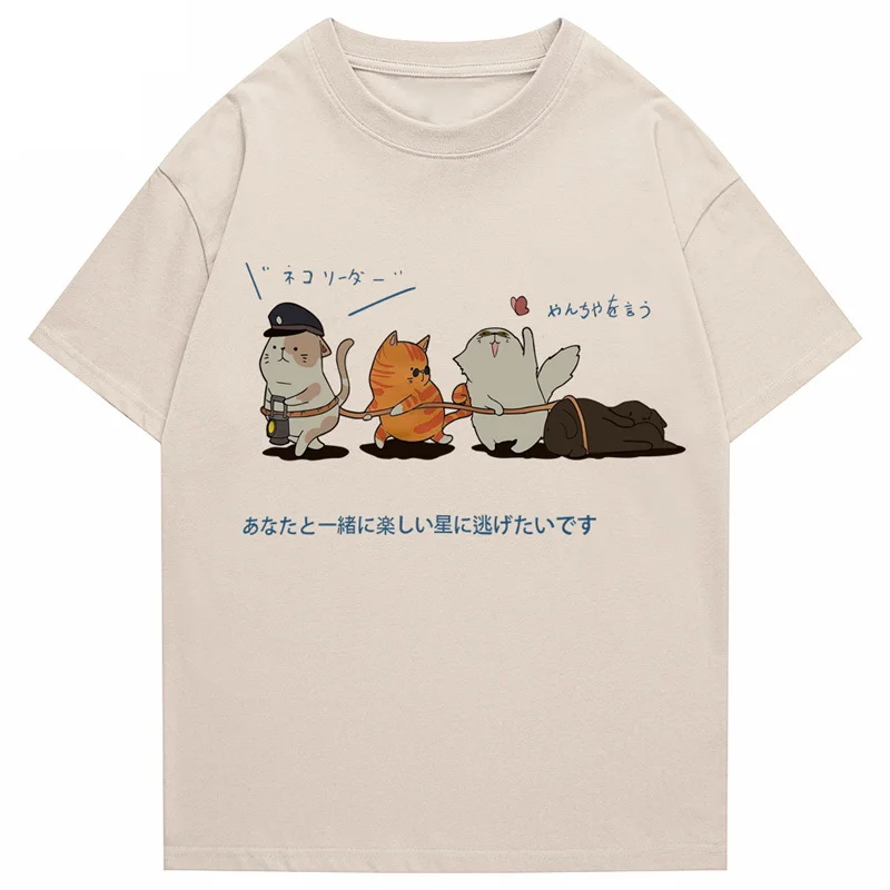

Японская футболка в стиле хип-хоп с забавным принтом кошки для мужчин и женщин, футболка в стиле унисекс, летние футболки большого размера, Повседневная модная одежда, футболки