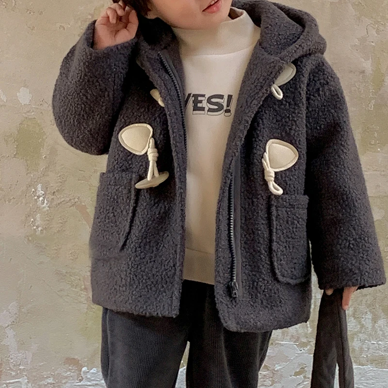 

Шерстяная куртка для мальчиков, Корейская Толстая хлопковая куртка средней длины с капюшоном и карманами, 4, 5, 6, 7, 8 лет