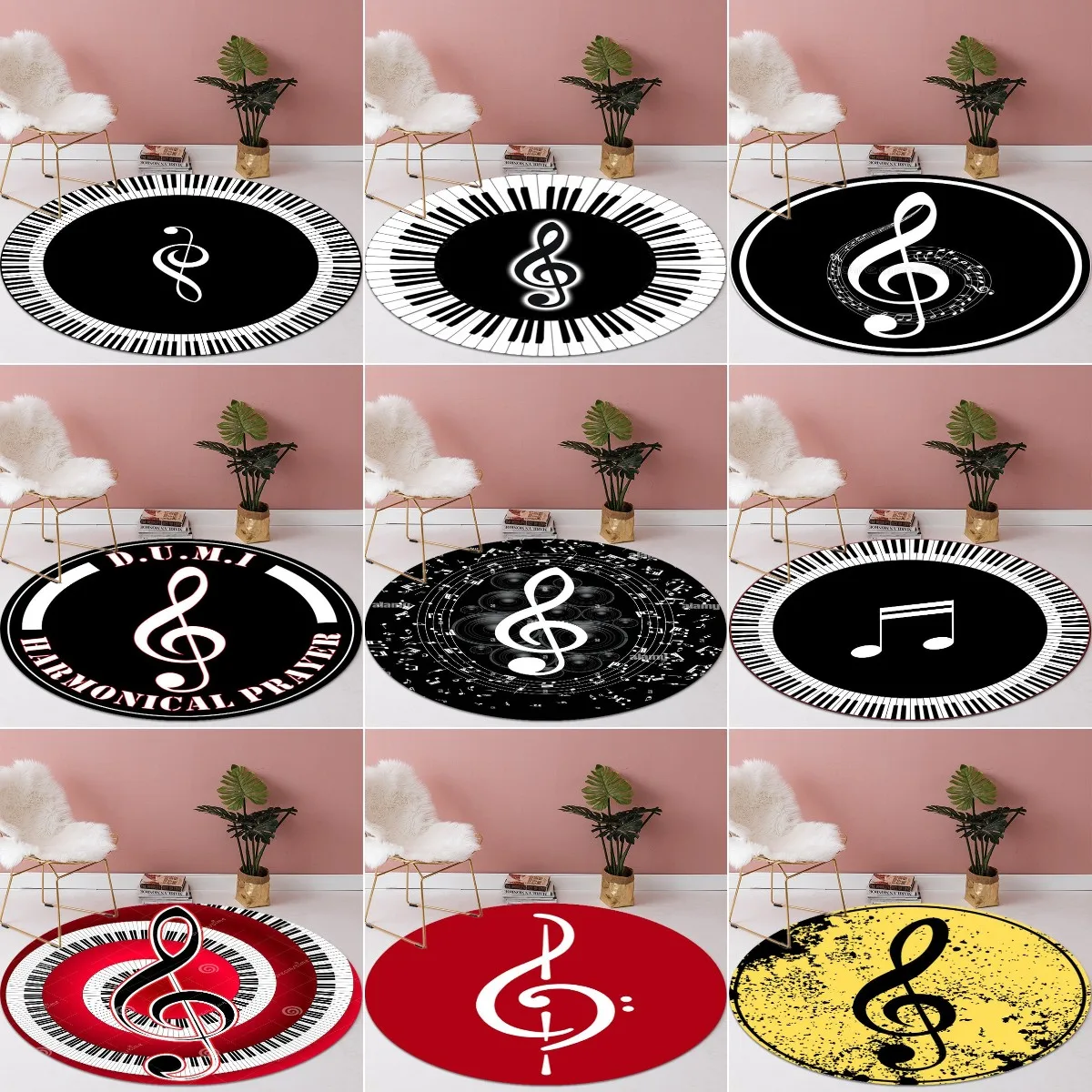 New Colorful Music Symbol Carpet Piano Keys Black White Round Rugs Non-slip Area Rug for Living Room Bedroom Foot Pad Decoration