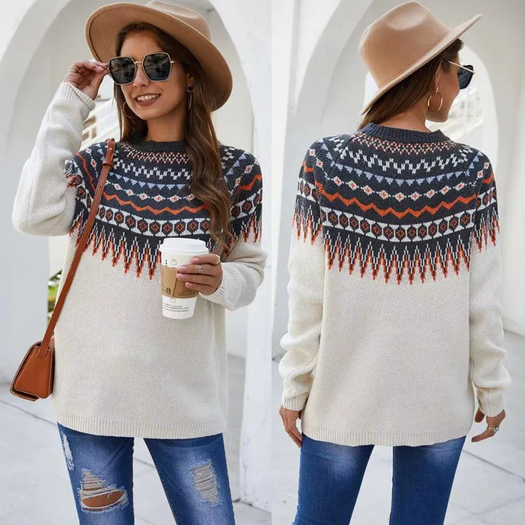 

2022 Autumn And Winter Explosion Loose Round Neck Long Sleeve Floral Women's Sweater Knitting Warm Casual Fashion