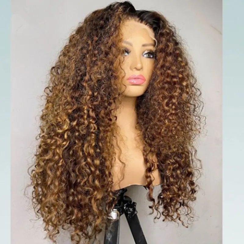 

Soft 26Inch Long Kinky Cruly Ombre Blonde 180Density Lace Front Wig for Black Women BabyHair Glueless Preplucked Synthetic Daily