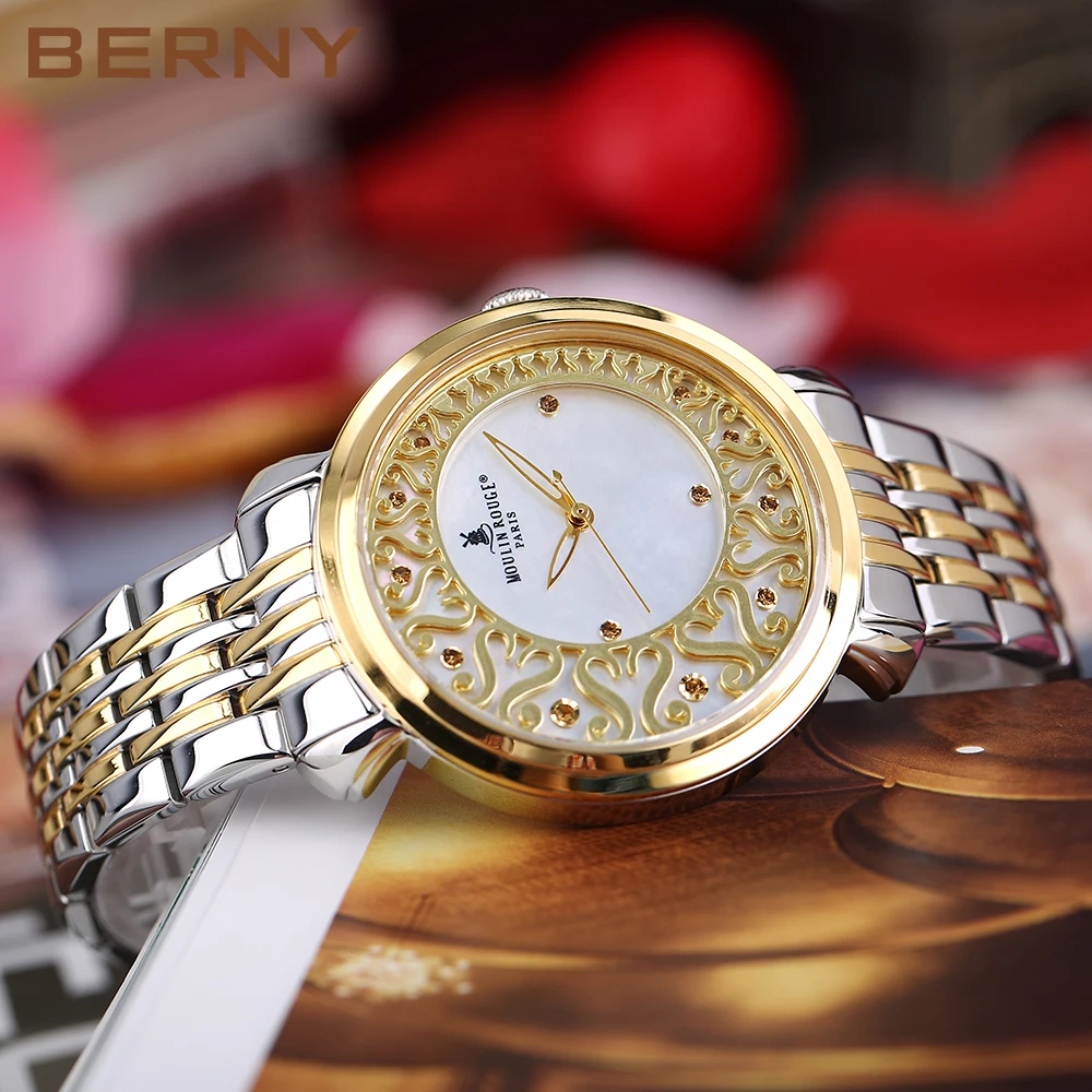 BERNY Women Quartz Watch Butterfly Buckle Stainless Steel Strap Pagani Design Reloj Muje 18K Ladies Vintage Fashion Watch