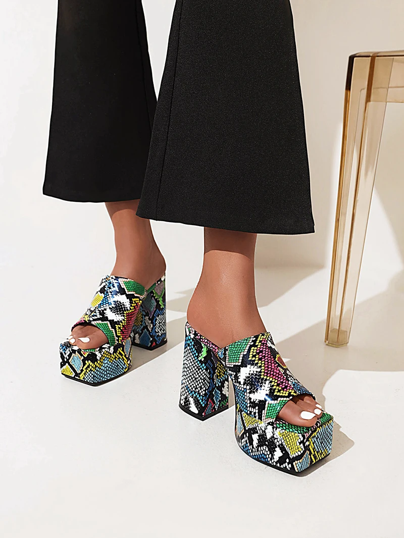

Zebra Pattern Catwalk Summer Women's Outdoor Slippers Ultra-High Platform Square Toe Pattern Snake Pattern Peep Toe Shoes