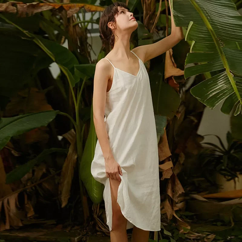 

100% Linen Elegant Summer Women Dress Sexy Spaghetti Strap V-Neck Open Side Long Midi Dress Vestidos Female Clothing