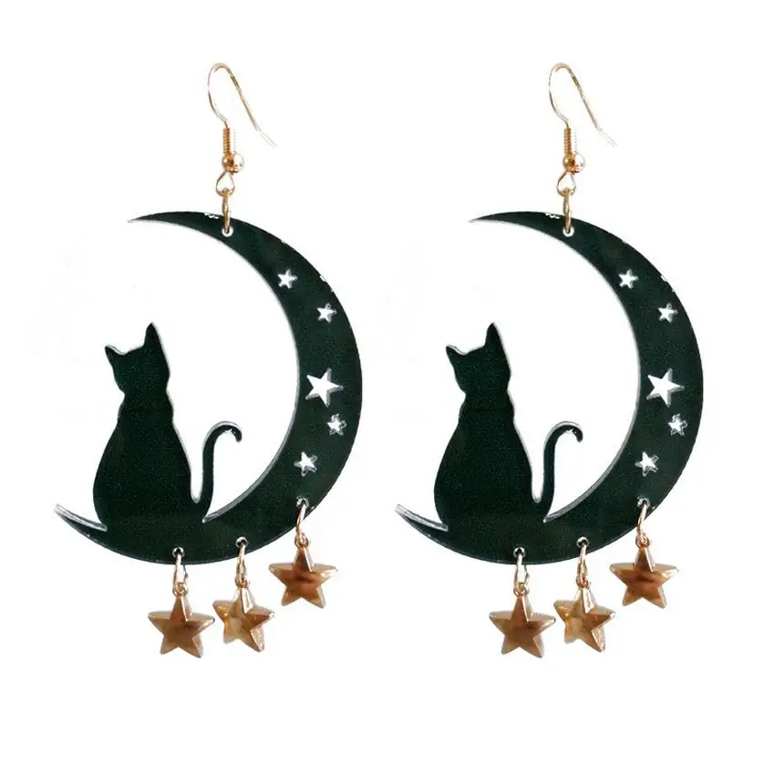 

Acrylic Black Spooky Laser Cut Cat and Crescent Moon Earrings Cutout Star Witchy Earrings Dangle Jewelry Free Shipping
