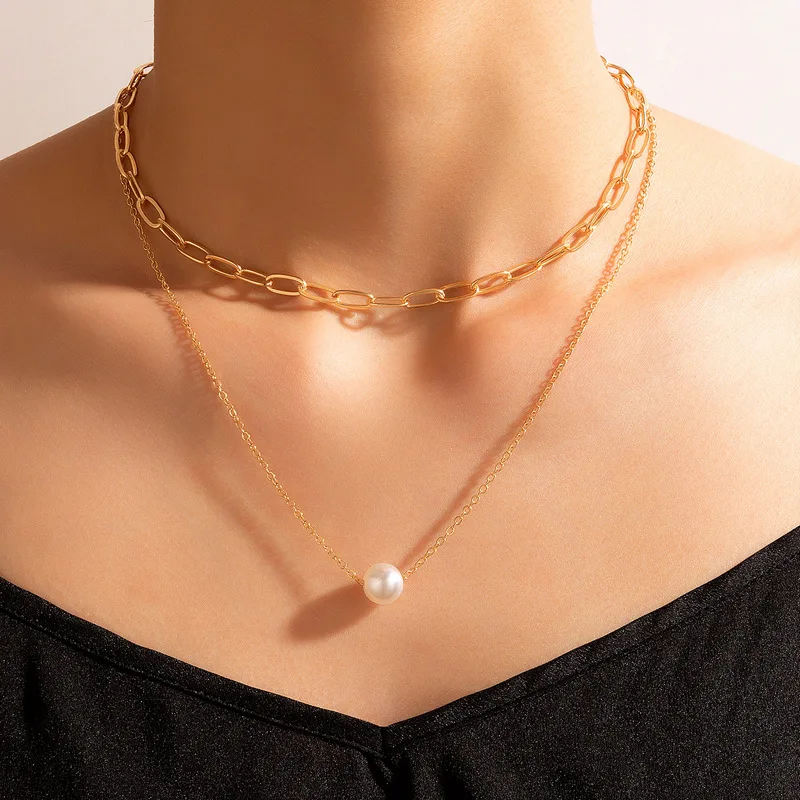 

New 2022 Pearl Chain Double Layer Necklace Simple Geometric Multi-layer Choker