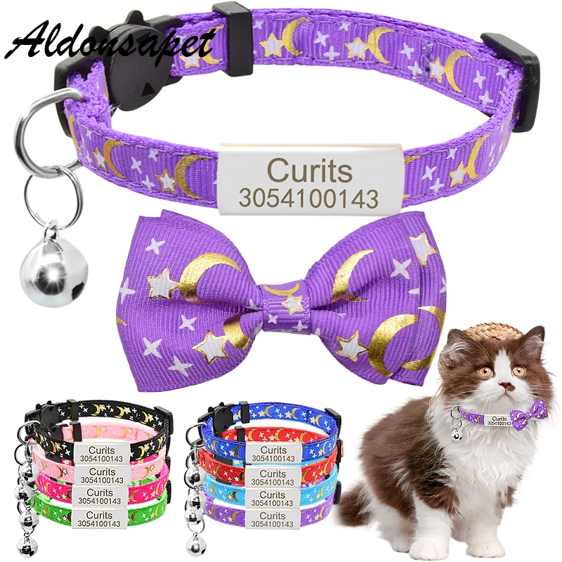 

Personalized Bow Tie Cat Collar Name Tag Custom Nameplate Safety Breakaway Cute Star Moon Bowknot Cat Collar Bell kitty Necklace