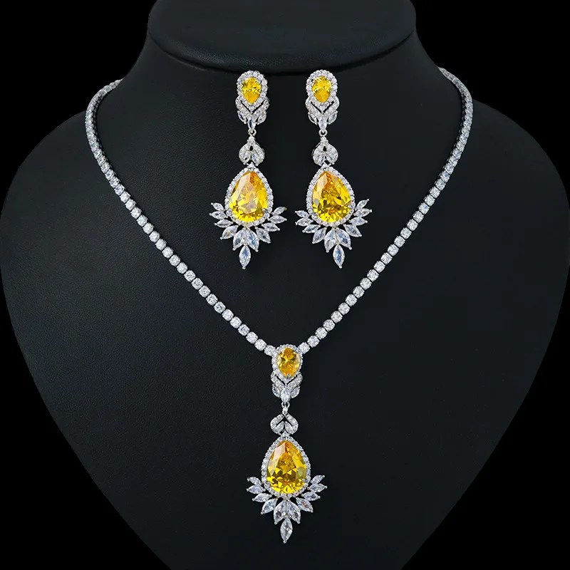 

Luxury Long Cz Crystal Big Water Drop Earring Fashion Wedding Women Jewelry Sets Wedding Dubai Bridal Bisuteria Mujer