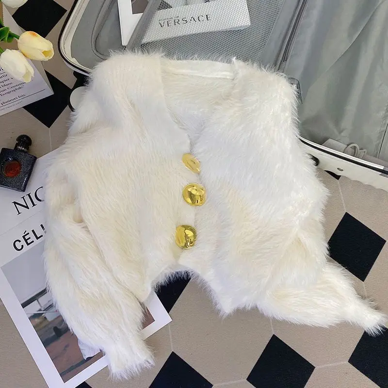 Женская норковая короткая куртка-свитер с v-образным вырезом вязаный кардиган