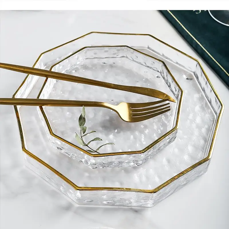 Стеклянная декагональная тарелка прозрачная Салатница из Пномпеня с фруктами