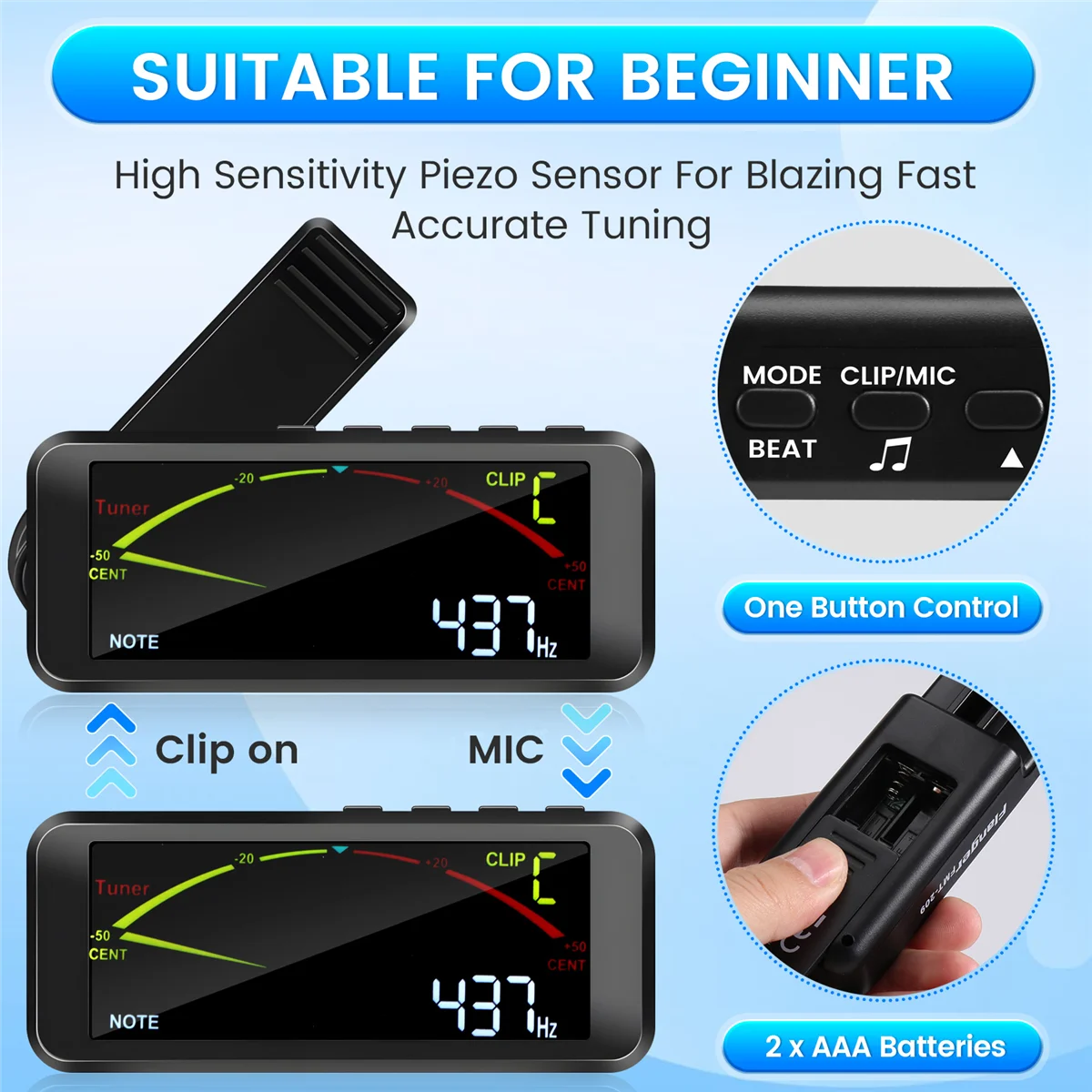Гитарный тюнер 3 в 1 генератор метронома с большим ЖК-экраном и зажимом для