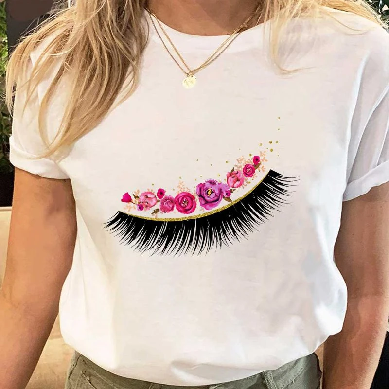 

T Shitr Cartoon Weibliche Tops Schöne Süße Drucken Tees Frauen Blumen Auge Wimpern Stil Tshirt Drucken Damen Mode Grafik T-Shirt