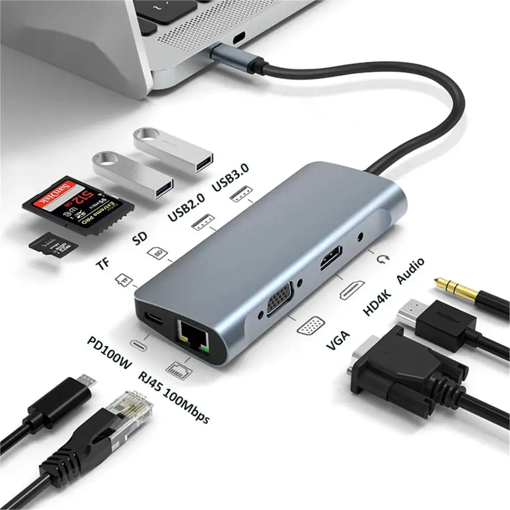 

9 IN 1 4K30hz HDMI VGA Type C Adapters USB-C 3.0/2.0 HUB SD/TF Card Readers 100Gbps Ethernet Port for MacBook Air/Pro Laptops