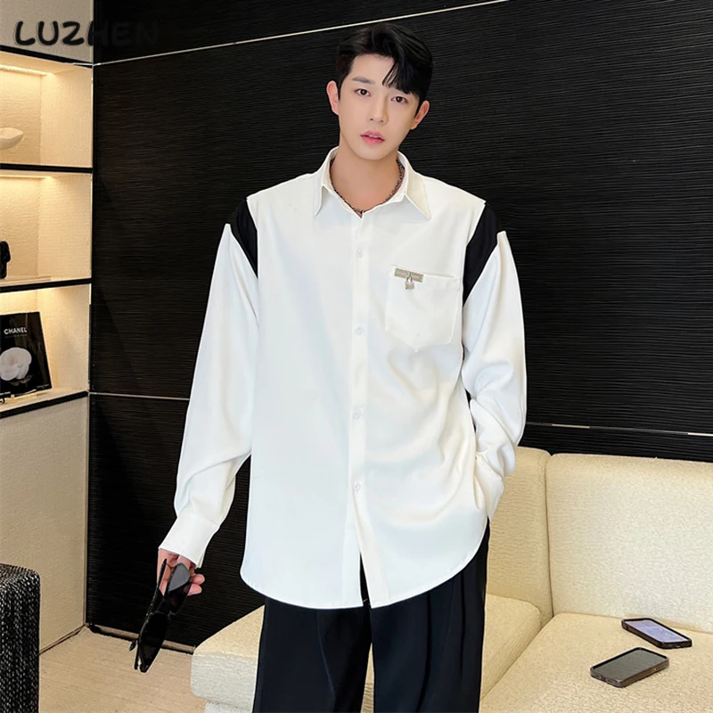 

LUZHEN Korean Shoulder Color Contrast Splicing Design Men's Casual Long Sleeve Shirts High Street Stylish Elegant Clothes 2fd835