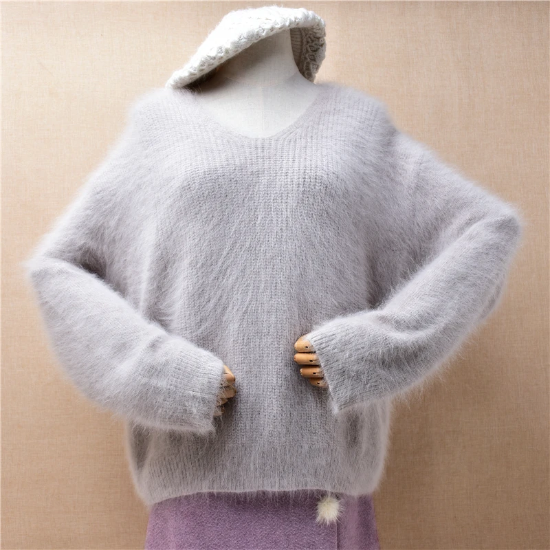 

Ladies Women Fall Winter Clothing Hairy Mink Cashmere Knitted V-Neck Long Flare Sleeves Loose Pullover Angora Fur Jumper Sweater