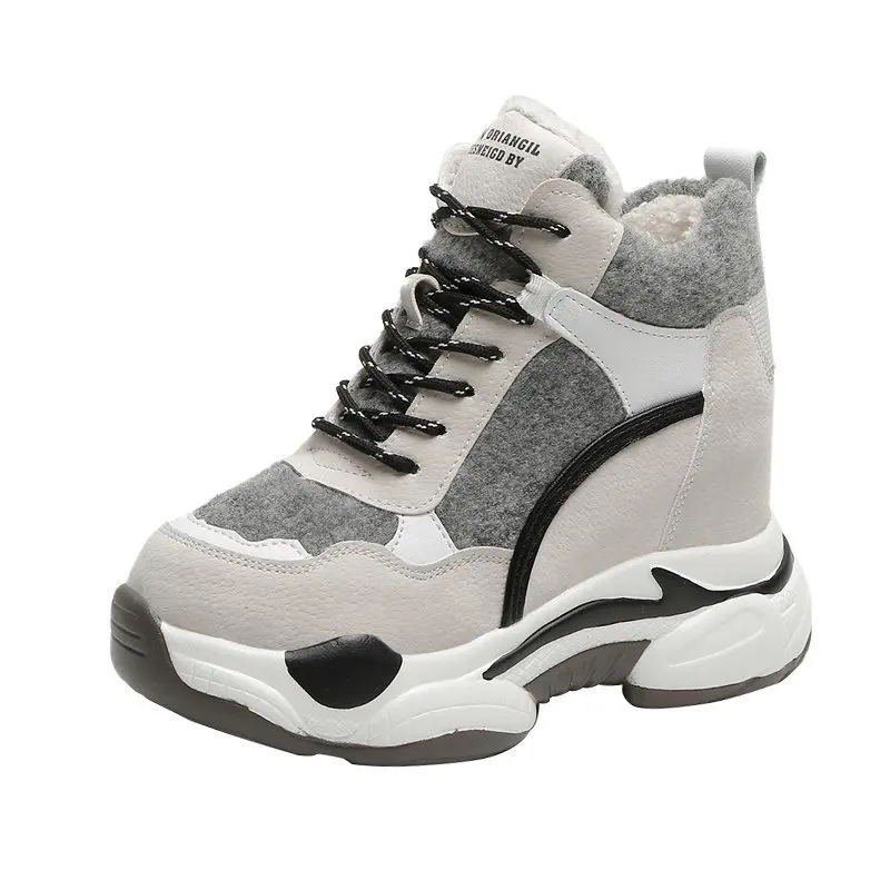 Flat Bottomed Women Boots Increased Sports Warm Shoes Cotton  Plus Velvet Thickened 's  Solid Color