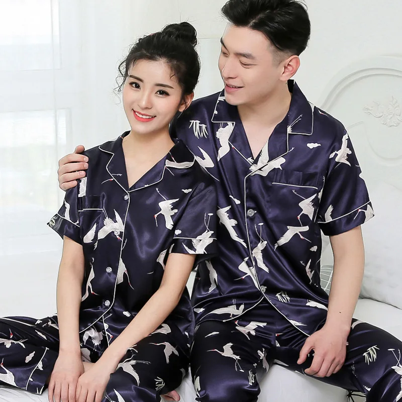 Women Pajama Set Silk Couple Pajamas Lapel Pyjamas Ice Silk Pijama Lover Set pjs Sleepwear Short Sleeve Shirt Pants Homewear