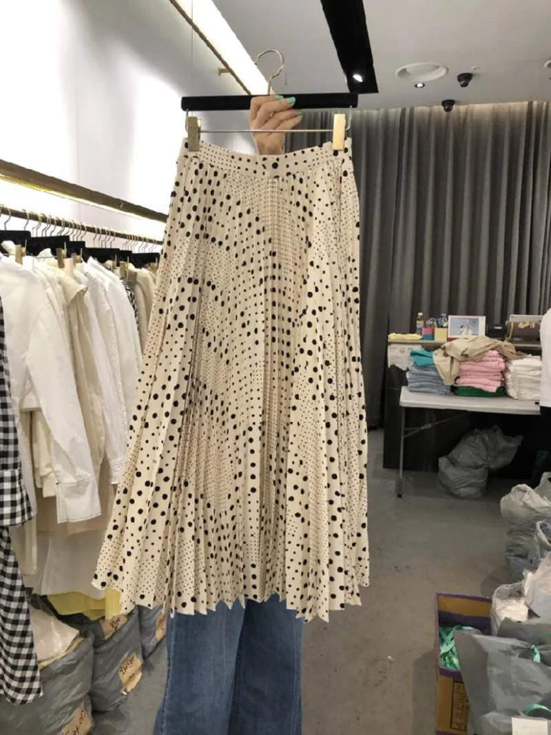 

WDMSNA Sweet Chiffo Pleated Skirts for Women Korean Summer New Temperament Irregular Faldas Loose Causal Polka-dot Long Skirt