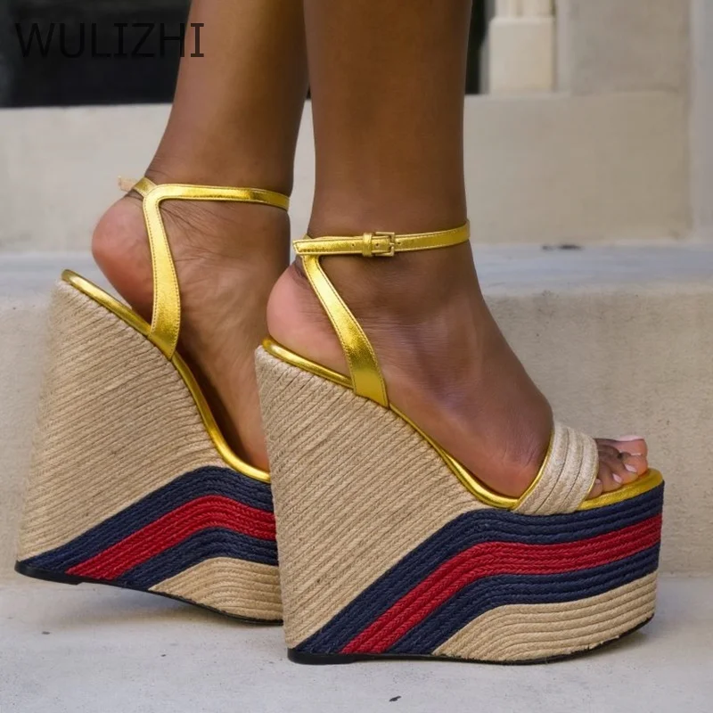 Women New Graffiti Mixed Colors High Wedge Espadarille Gold Bling Open Sandal Buckle Platform Increased Design Dress Casual Shoe