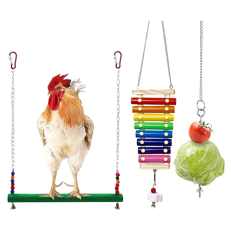 

3PCS Chicken Toys Chicken Swing Toy,Wood Stand For Chicken Coop Swing Ladder Toys Vegetable Hanging Feeder For Chicken