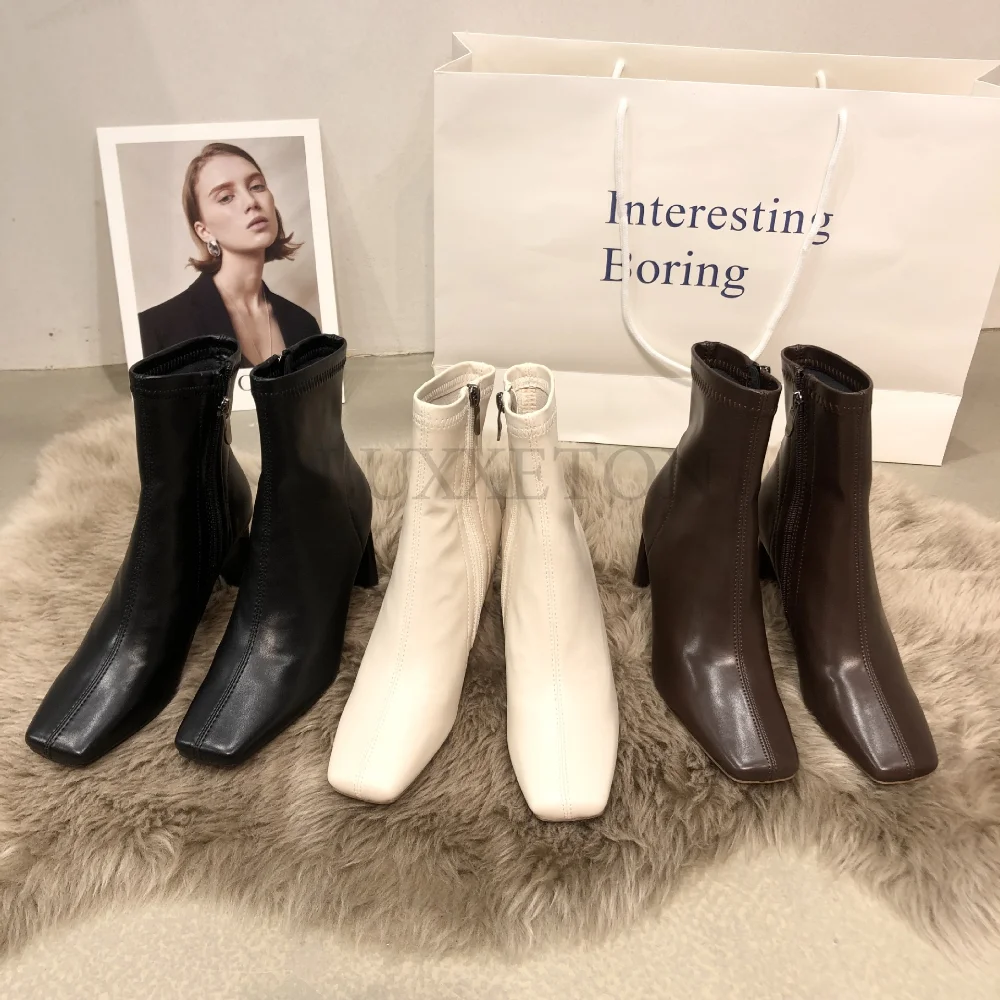 New Soft Peather Leather Women Ankle Boots Fashion Ladies Square High Heel Zipper Chelsea Short Boots Dress Pumps