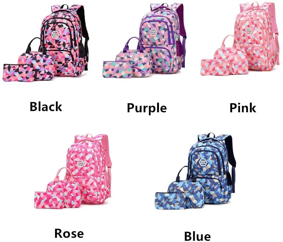 3PCS Geometric Prints Primary School Student Satchel Backpack Elementary Boys Book Bag School Rucksack for Kids with Lunch Bag P