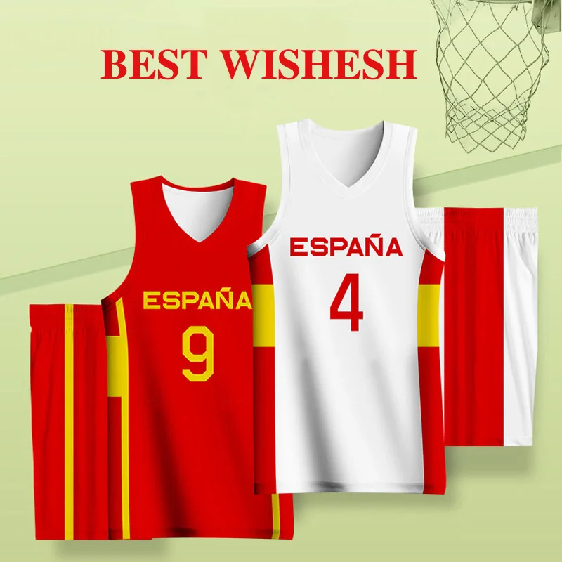 

Full Sublimation Basketball Kits For Kids Boys Spain Letter Screen Printed Customizable Name Number Logo Jerseys Shorts Unifroms