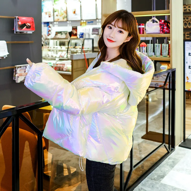 Bomber Puffer Jacket Thick Bread Reflective Parkas Winter Shiny Colorful Bright Coat Glossy Down Cotton Padded Jackets Women