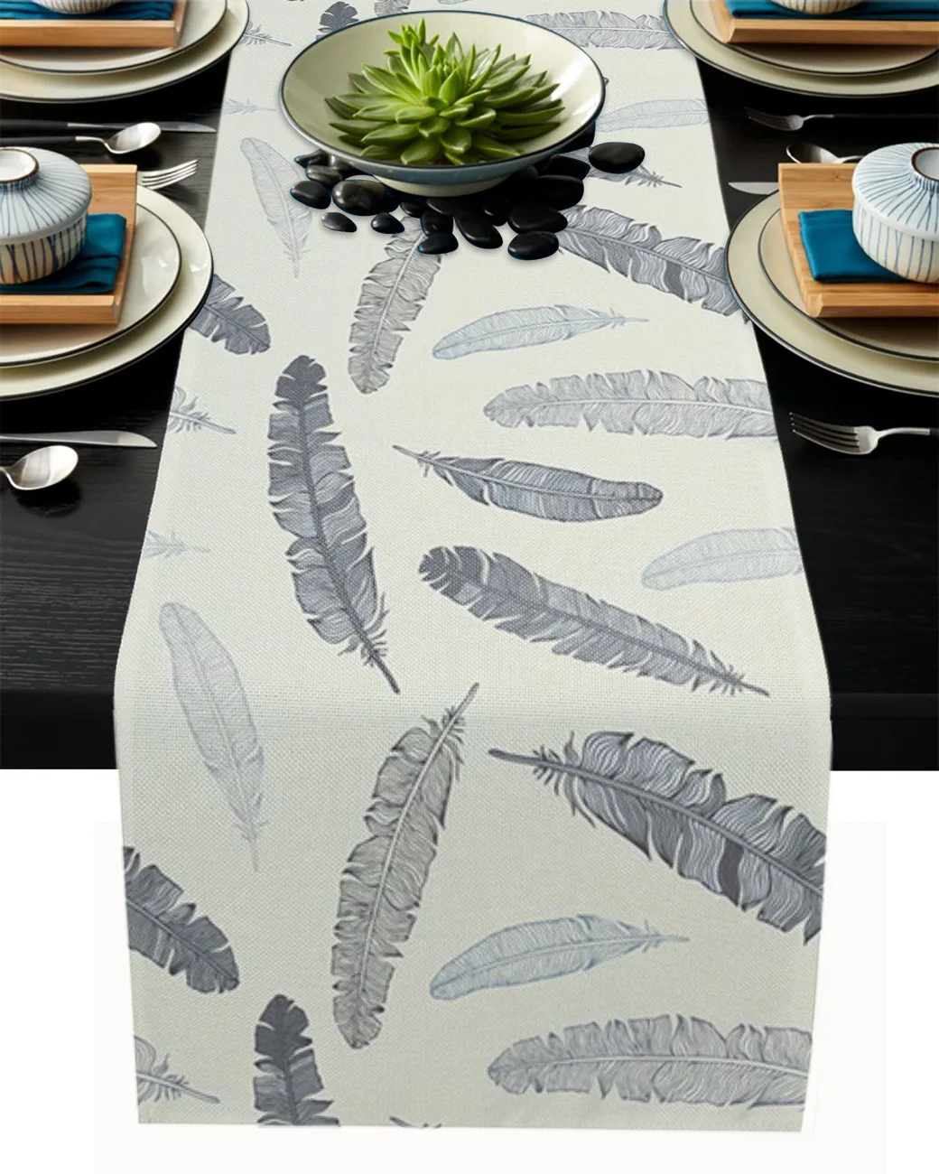 

Grey Feather Retro Table Runner Party Wedding Centerpieces for Tables Home Hotel Decor Kitchen Dining Tablecloth