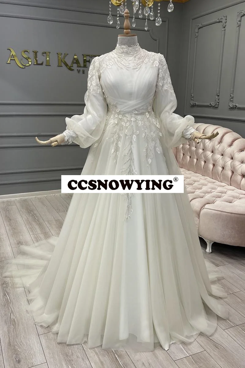 

Chiffon Appliques Muslim Wedding Dress Long Sleeve Islamic Bridal Gowns High Neck Arabic Dubai Kaftan Vestidos De Novia