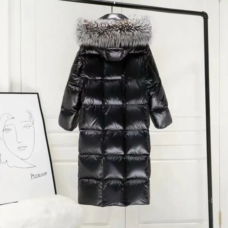 2022 Women's Cotton Jacket New Down Cotton Jacket Women's Long Black Bright Face Thickened Real Wool Collar Cotton Jacket