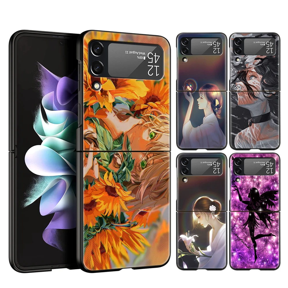 

Cartoon Scenery Girl Hard PC Phone Case For Samsung Galaxy Z Flip 4 Black Cover For Galaxy Z Flip 3 5G Foldable Shockproof Case