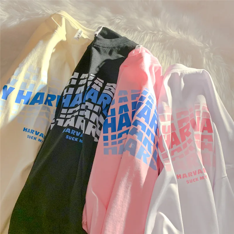 

Summer Student Letter Print Round Neck Couple Loose T-shirt Top