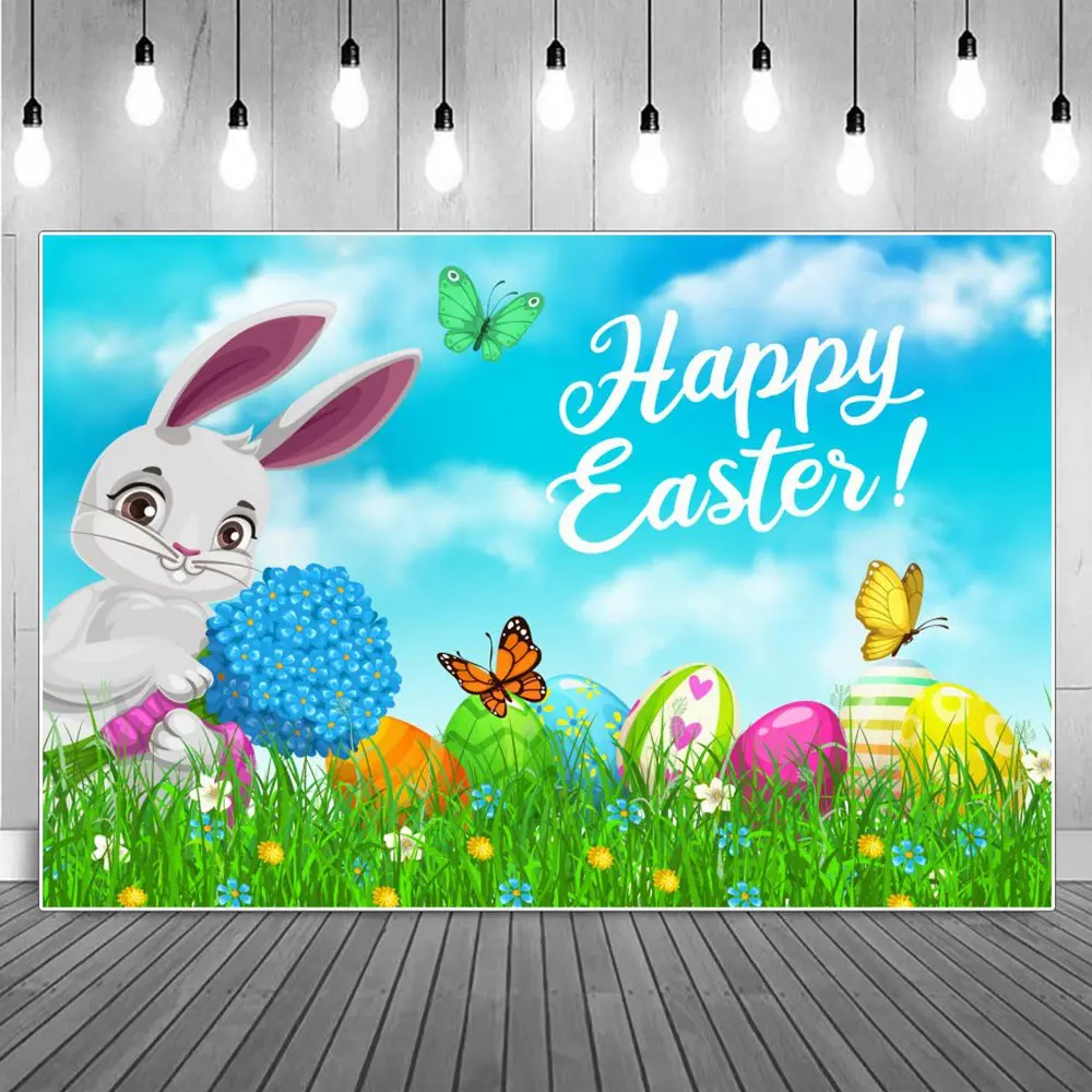 

Photography Backdrops Easter Decoration Baby Rabbit Flowers Eggs Butterfly Green Grass Spring Holiday Studio Photo Backgrounds