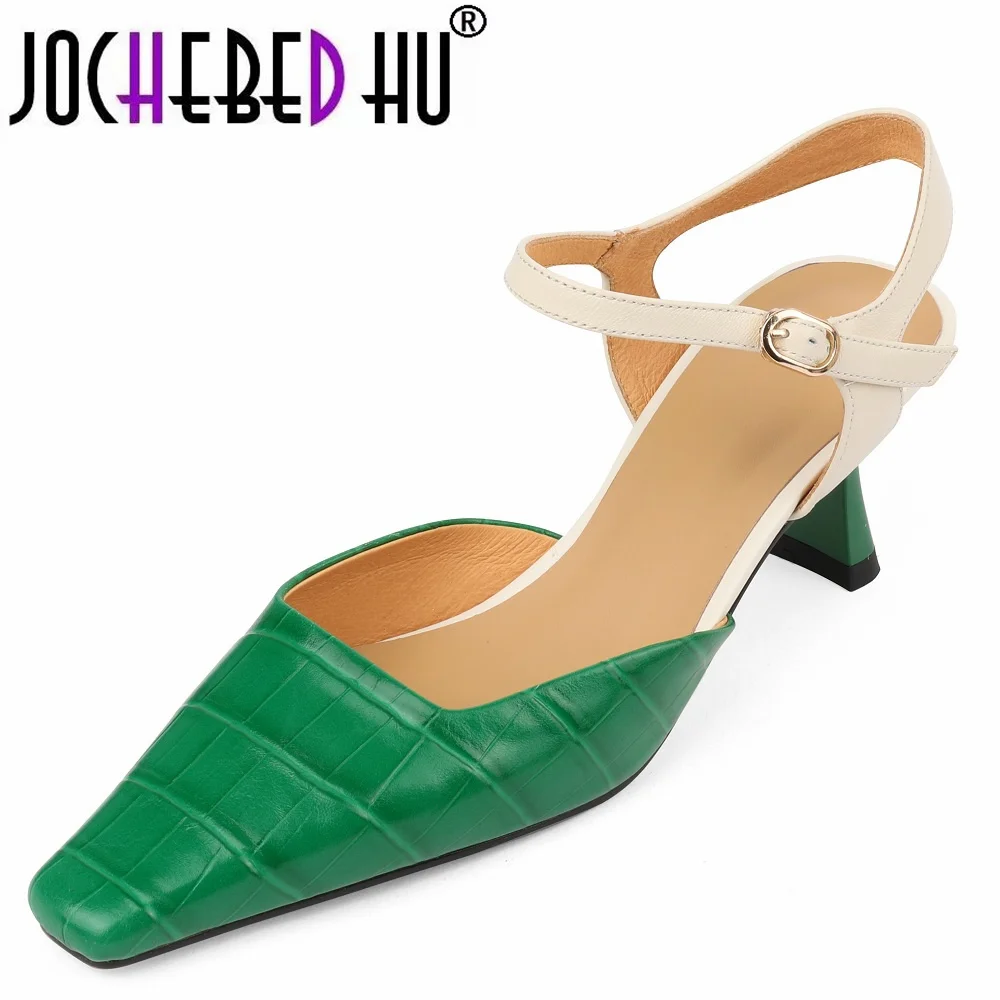 

【JOCHEBED HU】New Stone Pattern Pointy Women Shoes Real Leather Shallow Slip-on Party Banquet Sandals Pointy Runway Strange Heel