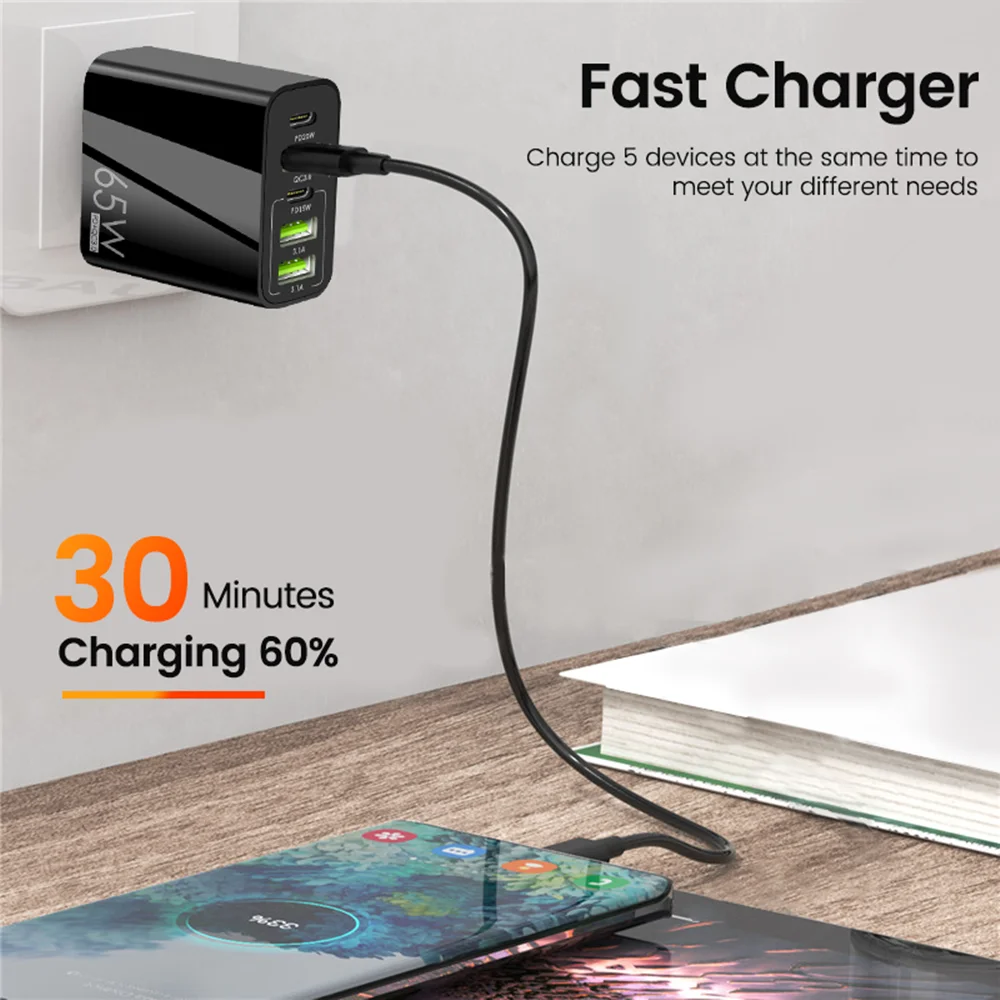 Быстрый зарядной устройство Olaf 65W USB Charger с поддержкой QC 3.0 и PD для iPhone Samsung Xiaomi Mobile с 5-ти портовым адаптером EU US UK Plug для путешествий.