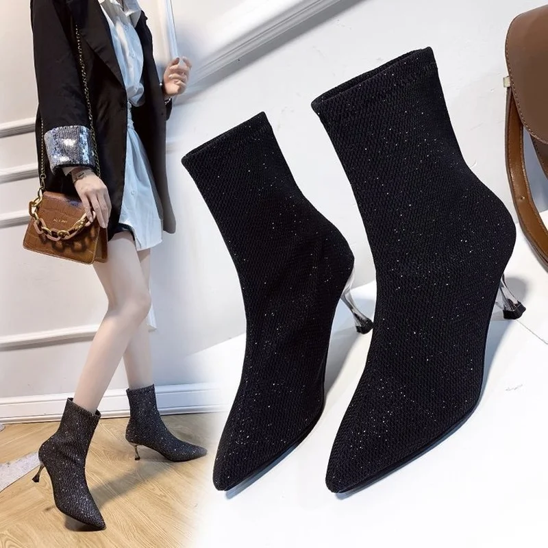 Spring Autumn Women Boots Bright Diamond High Heel Shoes Woman Boots Black Stretch Fabric Ladies Socks Boots Casual Shoes Female