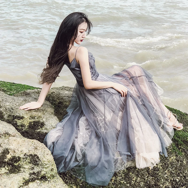 

Beach Style Gray Grenadine Spaghetti Strap Dress Women Chic New Folds A-line Vintage High Waist Zipper V-neck Fairy Dress