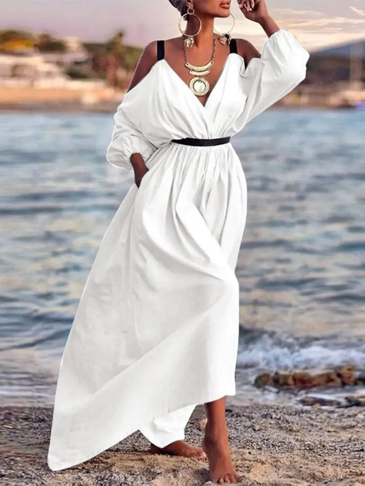 

ZANZEA 2022 Spring Puff Sleeve Sundress Sexy Women Bohemian Maxi Long Dresses Casual Solid V Neck Oversized A Line Robe Longue