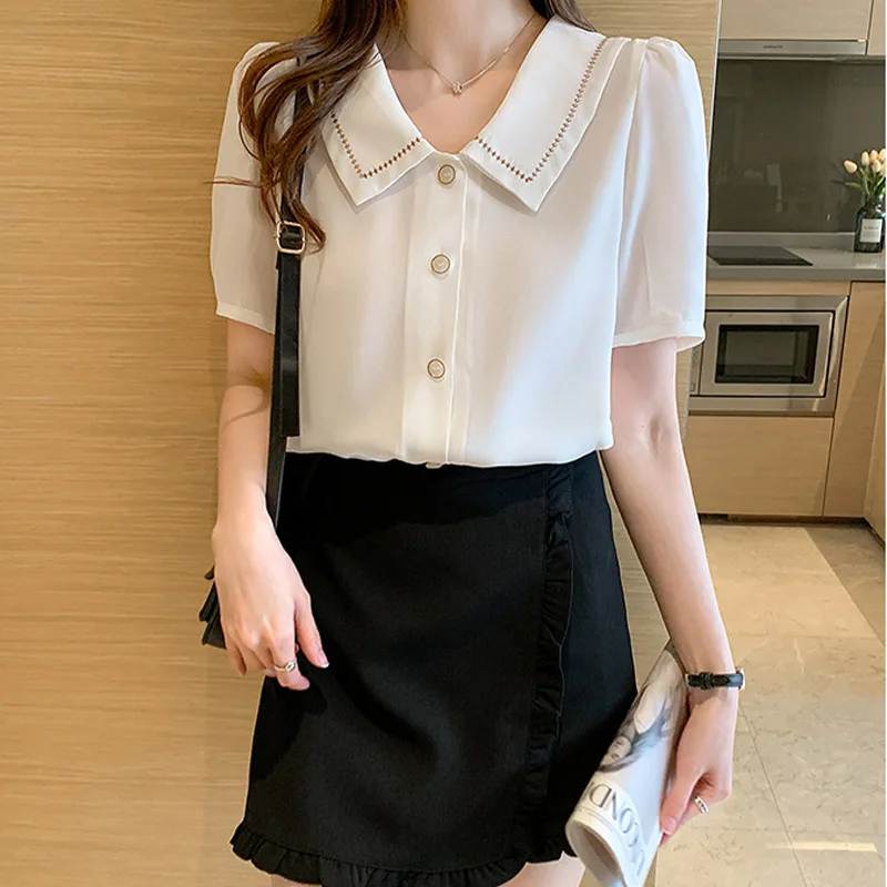Летние шифоновые рубашки с кукольным воротником и короткими рукавами женская