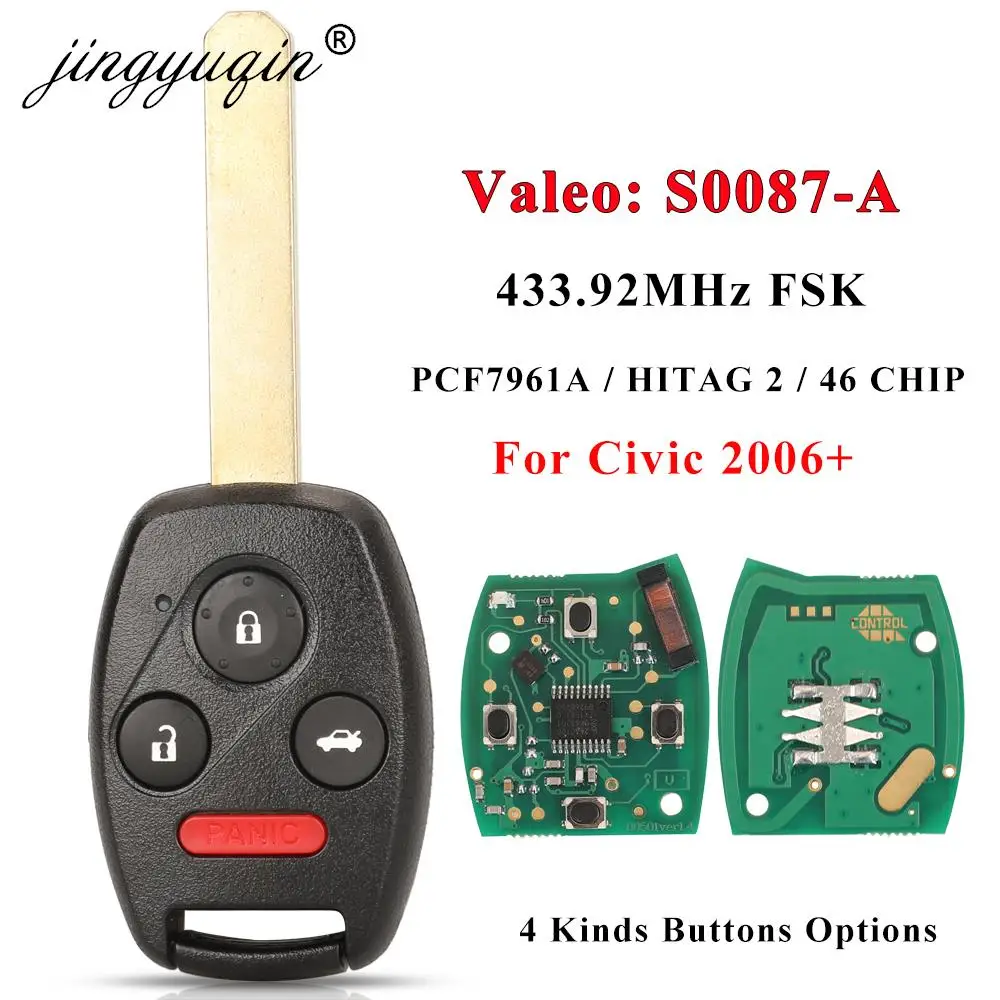 Jingyuqin N5F-S0087-A дистанционный Автомобильный ключ 433 МГц ID46 чип для Honda Civic 2006 2007 +