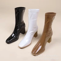 brand square toe leather chelsea boots spring fashion women shoes high block heels ankle length short booties for female