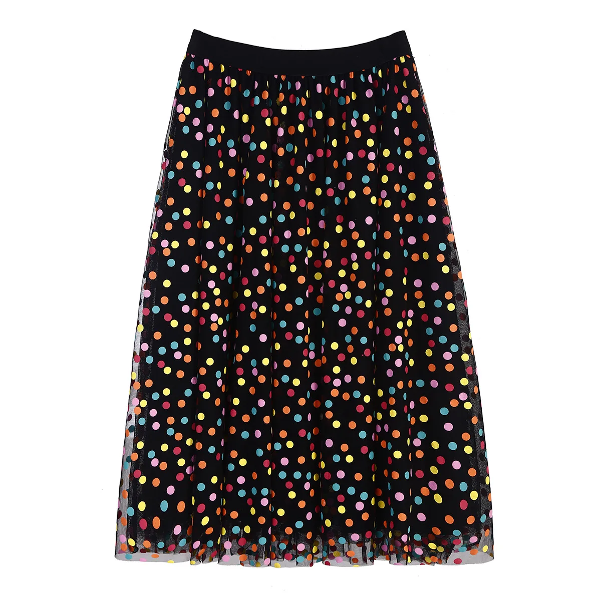 Женская фатиновая юбка в горошек трехслойная длинная 65 см балетная Радужная