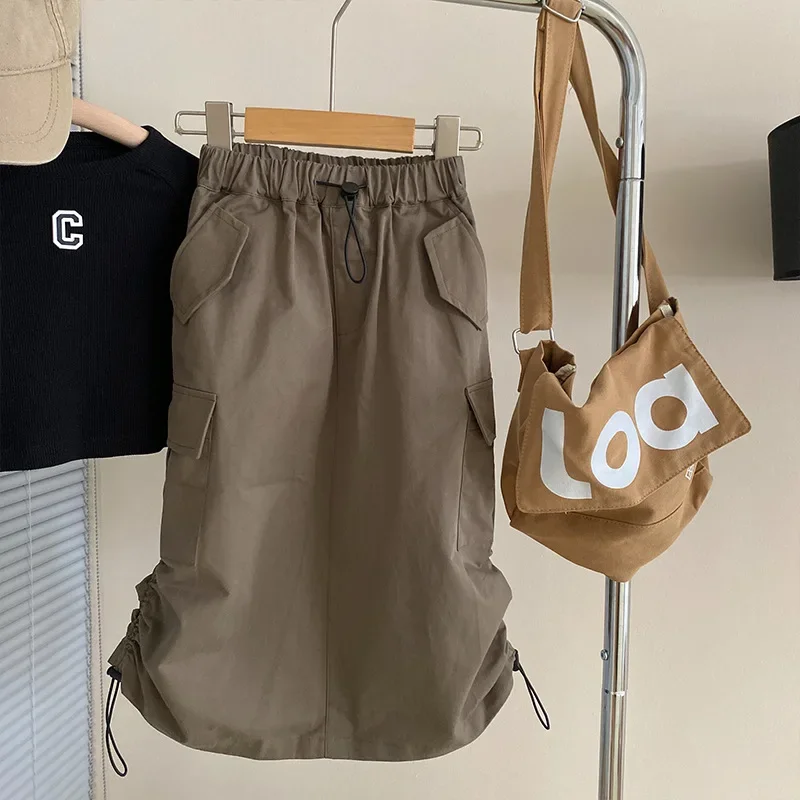 

Skirt Girls Autumn Season New Pocket Childrens Clothing Casual Simple Korean Vintage Pleated Fashion Personality