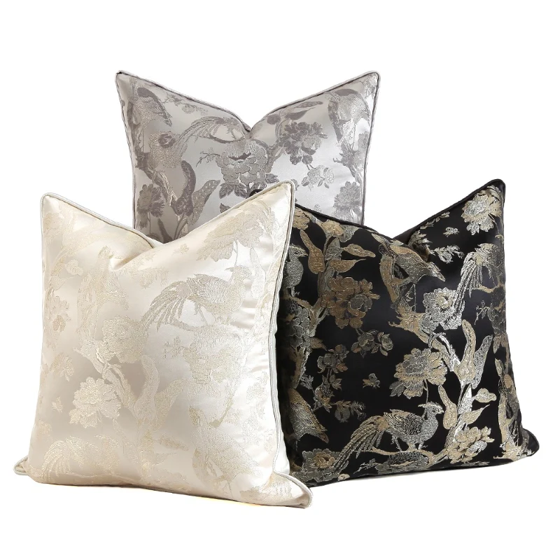 Ретро комната серебристо-серый черный Флора птица жаккардовый чехол для подушки