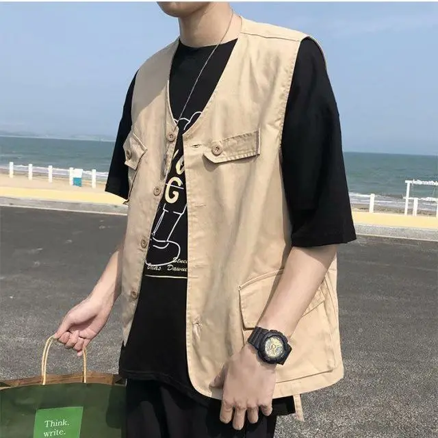 2023 Summer Fashion Men Solid  Cool Boy Casual Loose Tess Button Vest Jacket Pocket Sleeveless Versatile Working Suit Pocke