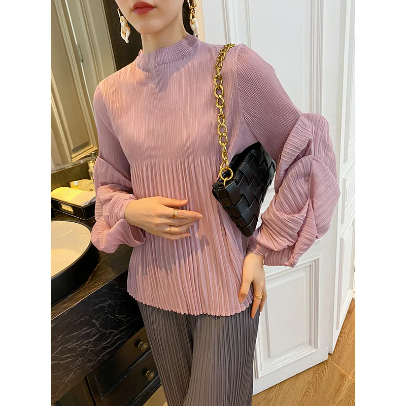 Miyake pleated autumn temperament age-reducing puff sleeve polo collar shirt women's all-match slim solid color small top