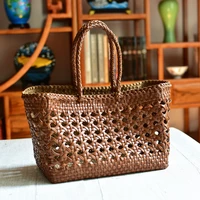 100 leather hollow woven shoulder bag with casual woven inner bag vintage shopping bag leather tote bag large capacity