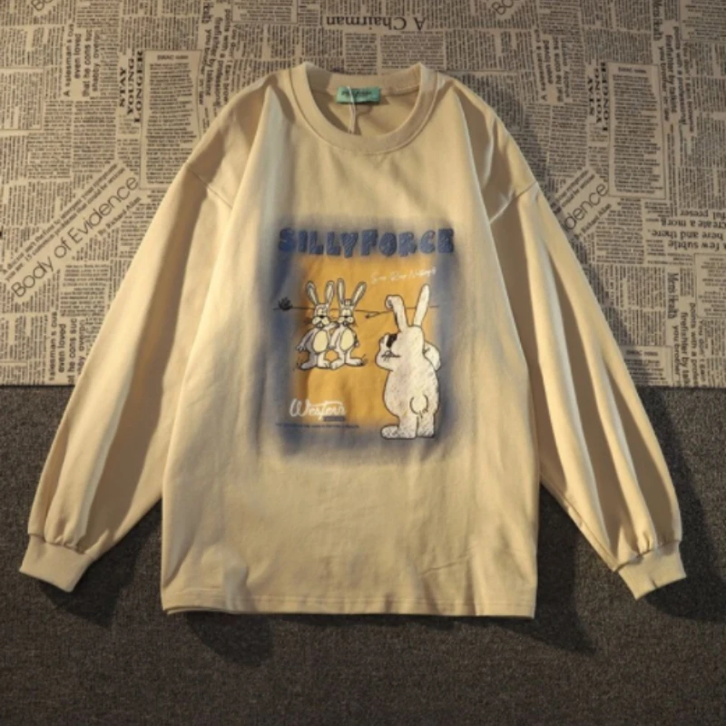 

Deeptown Japanese Cartoon Print Beige T-shirts Women Vintage Pink Long Sleeve Tees Harajuku Streetwear Kpop Loose Casual Tops